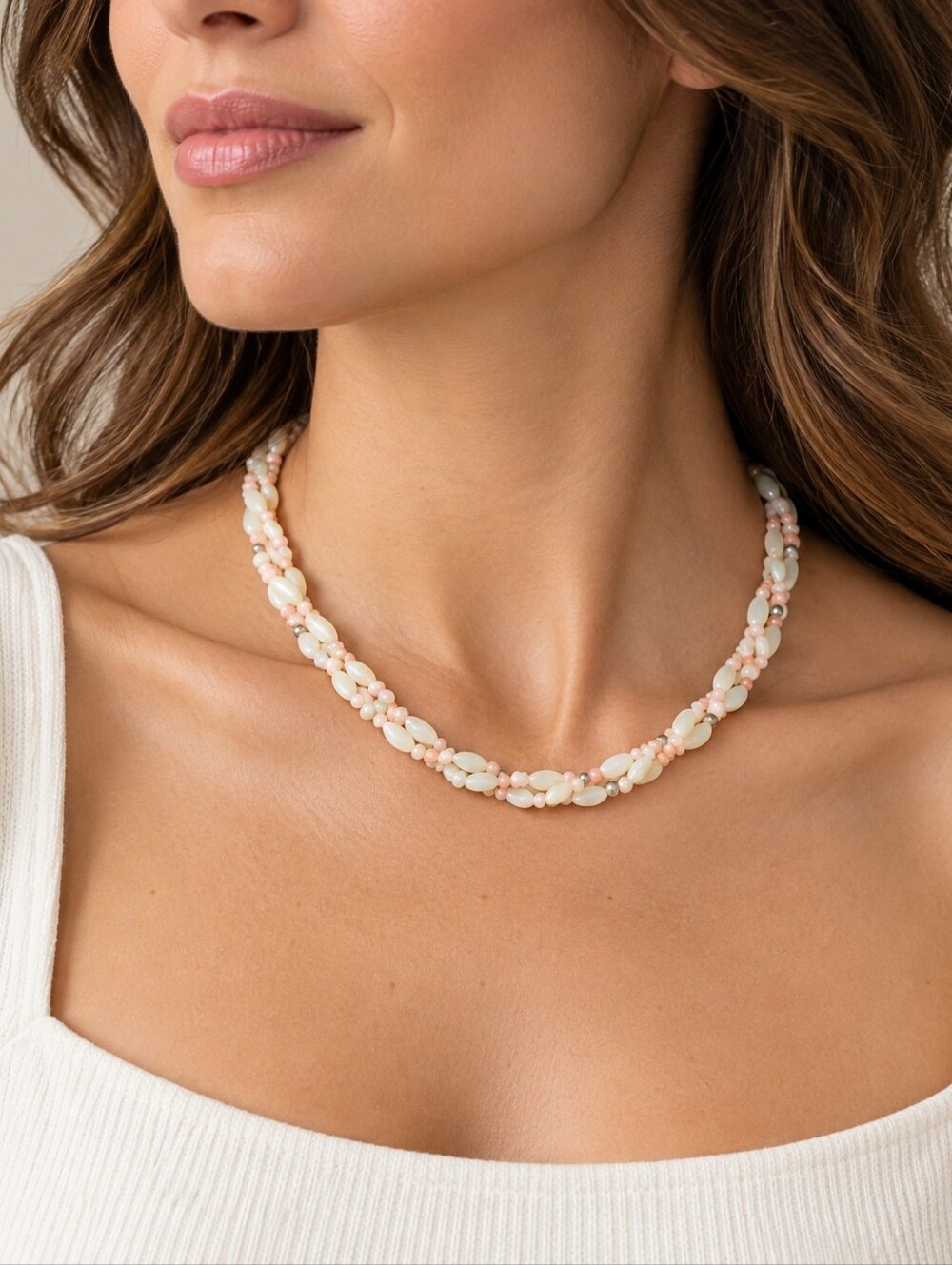 Vintage!! Pastel Pink & Ivory Beaded Twisted Multi-Strand Necklace